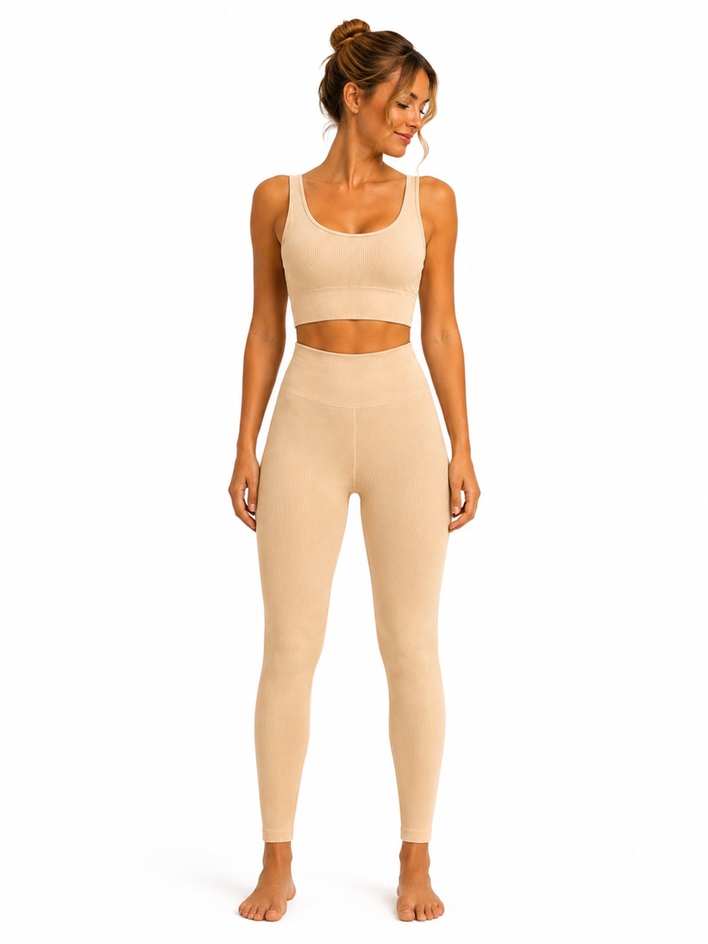 Mono B Peach Ribbed Seamless Workout Set Sports Bra Leggings | NWT Size M